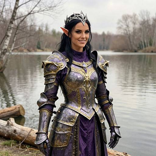 Photograph of a smiling, dark-haired elf woman in ornate silver and gold armor, standing by a calm lake with leafless trees in the background