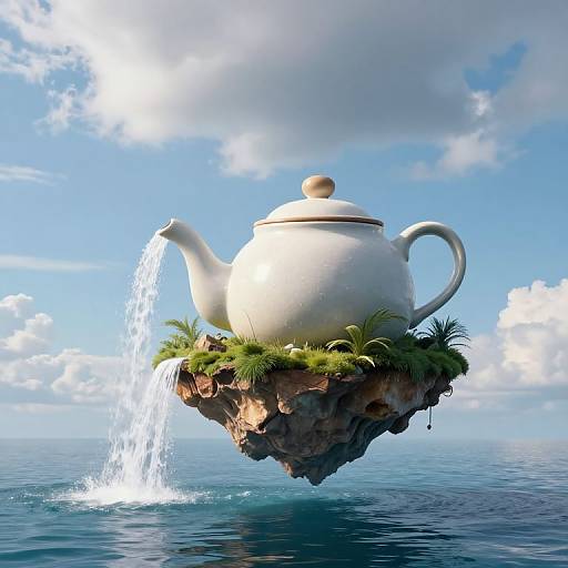 Digital artwork: Giant white teapot with spout pouring water, floating on grass-covered rock above ocean, clear blue sky with clouds.