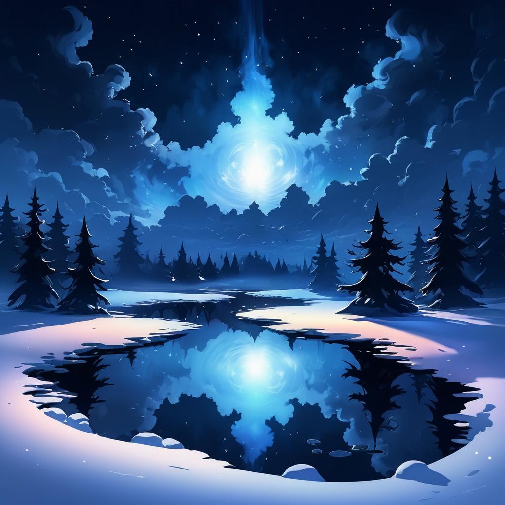 Magical Night Scene by a Snowy Pond