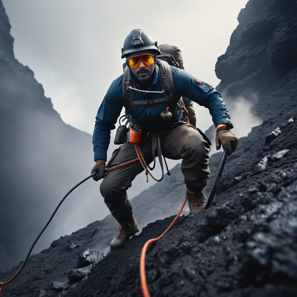 Archaeologist Scaling Volcanic Mountain Adventure