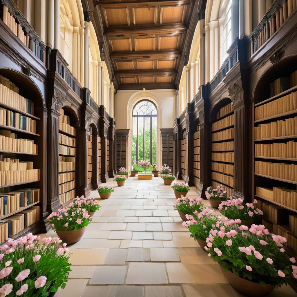 Serene Grand Library with Blooming Courtyard