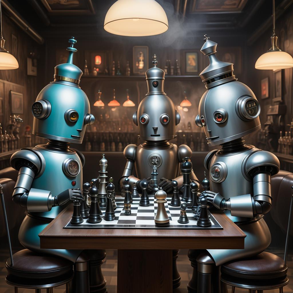 Humorous Robots Playing Chess in Vintage Bar