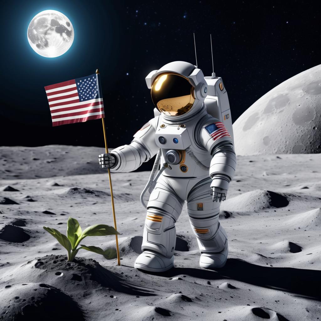 Robot Astronaut Plants Flag on Moon