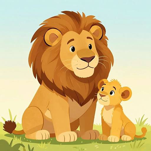 Cartoon illustration of a large, smiling lion with a brown mane and a small, smiling lion cub sitting on grass against a bright blue and yellow gradient