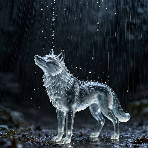 Photograph of a glowing, translucent wolf statue standing in the rain, illuminated from within, with water droplets sparkling around it.