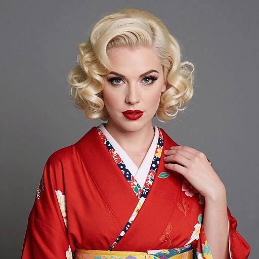 Photograph of a blonde woman with curled hair, wearing a red kimono with colorful patterns, red lipstick, and a serious expression, against a gray