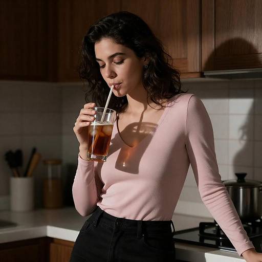 Woman Drinking Iced Tea in Kitchen