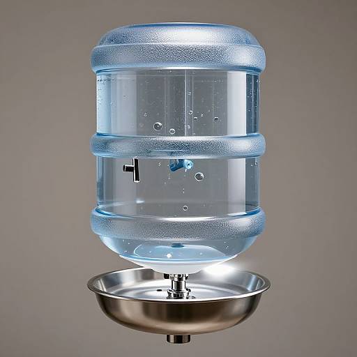 Photograph of a clear, blue-tinted water dispenser with frosted bands, standing on a silver basin, against a gray background.