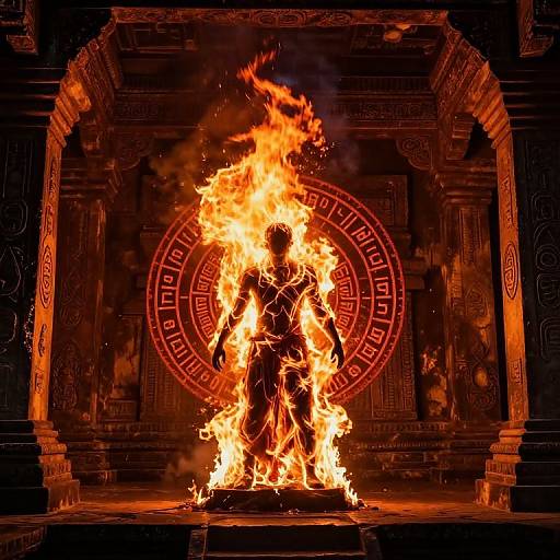 Photograph of a silhouetted figure engulfed in bright orange flames, standing in front of a detailed, red, circular, mystical symbol on