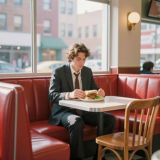 Solitary Man in Sunlit Diner Scene