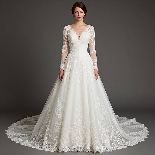 Photograph of a fair-skinned woman with dark hair in an elegant, long-sleeved, lace wedding gown with a deep V-neck and a