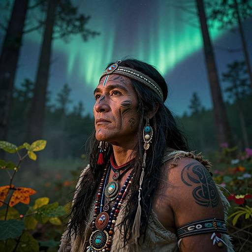 Photograph of Native American man with long black hair, tribal tattoos, adorned in fur and bead jewelry, gazing at Northern Lights in a forest.