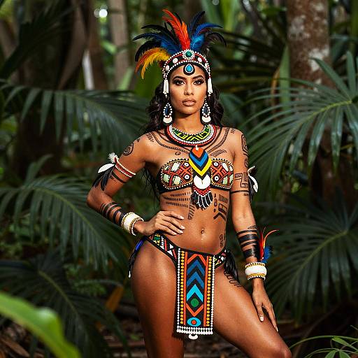 Woman in Vibrant Tribal Attire in Jungle