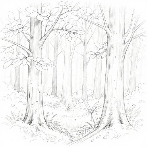 Black and white line drawing of a dense forest with tall, slender trees, detailed foliage, and underbrush, creating a serene, natural scene.