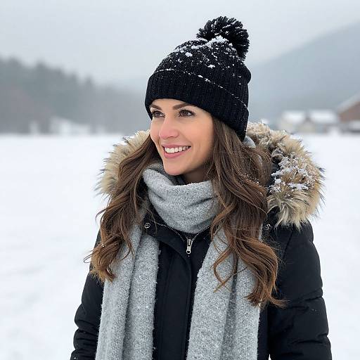Photograph of a smiling woman with long brown hair, wearing a black beanie, gray scarf, black coat with fur hood, standing in snowy landscape