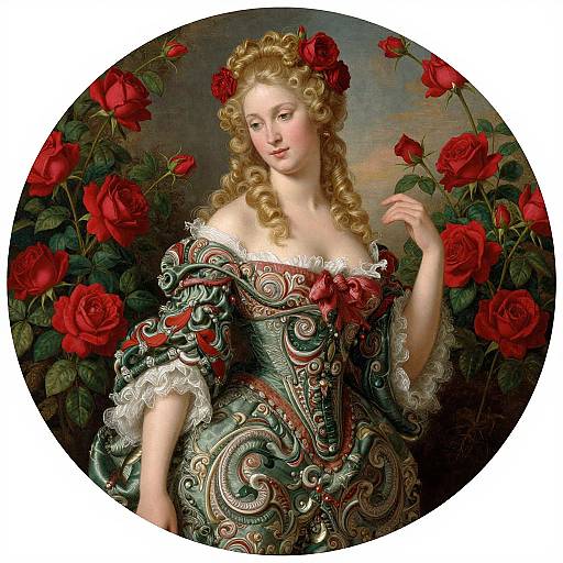 Baroque-style portrait of a fair-skinned, blonde woman with curly hair, wearing an ornate, off-shoulder green dress with red roses