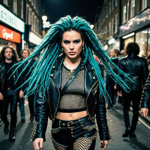Heavy Metal Woman with Turquoise Dreadlocks on London Street