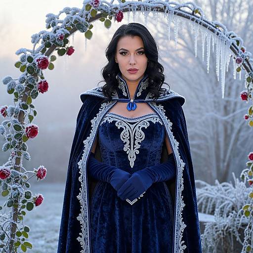 Photograph of a dark-haired woman in a black velvet gown and cape with silver embroidery, standing under a frosty arch with red roses, icy branches