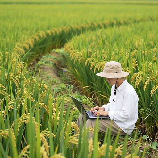 Person Working Laptop in Rice Field