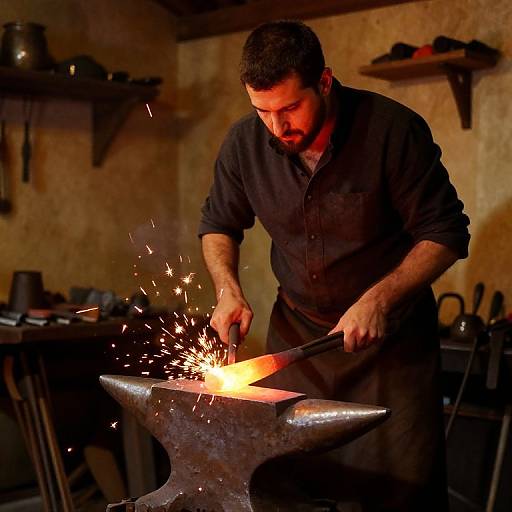Photograph of a bearded blacksmith in a dark shirt, sparking anvil with hammer, sparks flying, rustic workshop background.