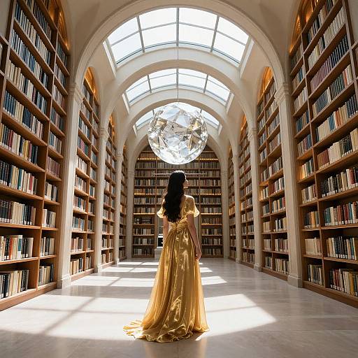Photograph of a woman in a golden, flowing gown standing in a sunlit, grand library with arched windows and globe chandelier.