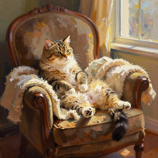 Furry Cat Lounging on Vintage Armchair