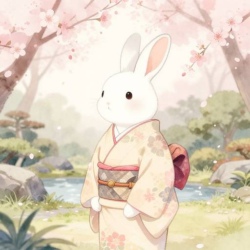 Digital illustration of a white rabbit in a floral kimono, standing in a sunny cherry blossom garden with a pond and rocks.