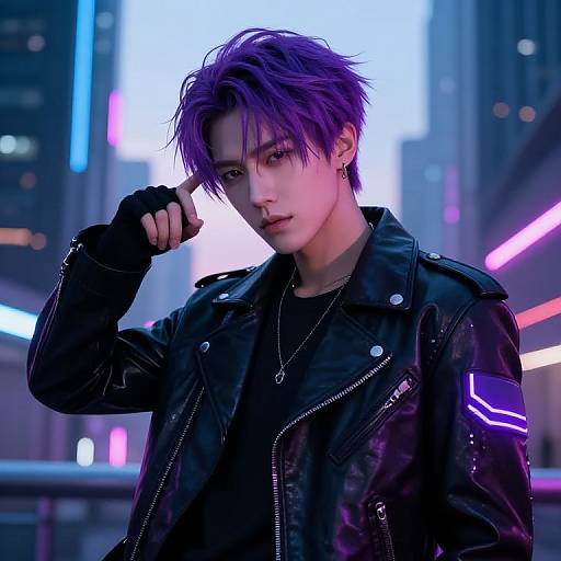 Digital anime-style portrait of a young man with purple hair, wearing a black leather jacket, black shirt, and fingerless gloves, standing in a neon