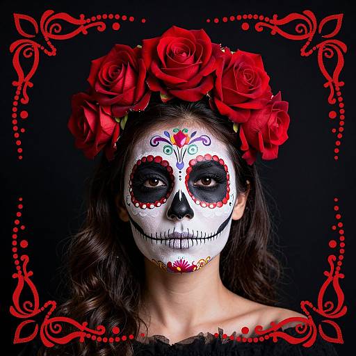 Photograph of a woman with white, sugar skull face paint, red floral designs, black eye sockets, wearing a red rose crown, black off-