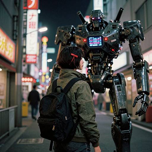 Photograph of a city night scene: a young woman with a red hairpin, green jacket, black backpack, faces a large, glowing, robotic