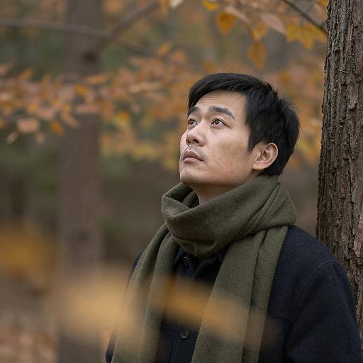 Serious East Asian Man in Autumn Forest