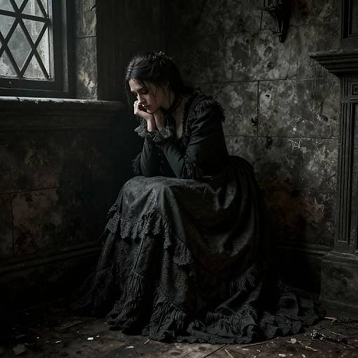 Photograph: Gothic-style woman in black lace dress, sitting pensive by dimly lit, grimy window in decrepit, shadowy room.
