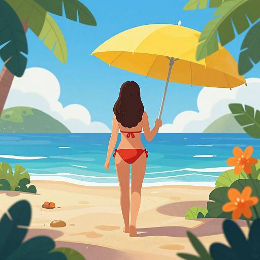 Digital illustration of a woman in a red bikini, holding a yellow umbrella, walking on a sunny beach with clear blue water, lush green palm trees,