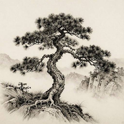 Black-and-white ink drawing of a twisted, ancient pine tree with dense, spiky needles, standing on rocky terrain, blending realism and Japanese-style art