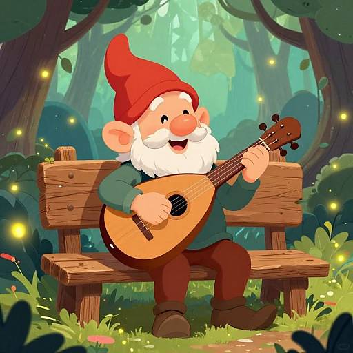 Cartoon-style image of a smiling gnome with a red hat, white beard, playing a lute on a wooden bench in a magical forest with glowing
