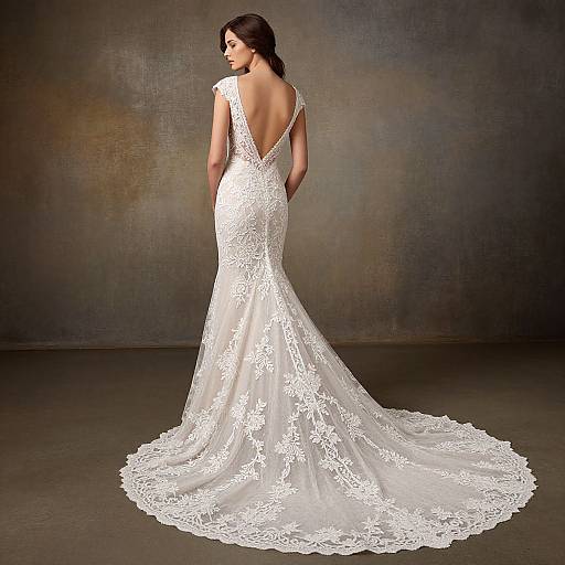 Photograph of a woman in a white, lace, backless, mermaid-style wedding gown with a long train, standing against a textured, dark