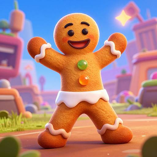 CGI image of a cheerful, orange gingerbread man with white icing accents, green and orange buttons, standing in a colorful, sunny outdoor scene with