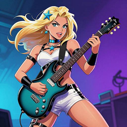 Digital anime-style drawing of a blonde, blue-eyed female rock guitarist in white shorts and black top, playing an electric guitar on stage.