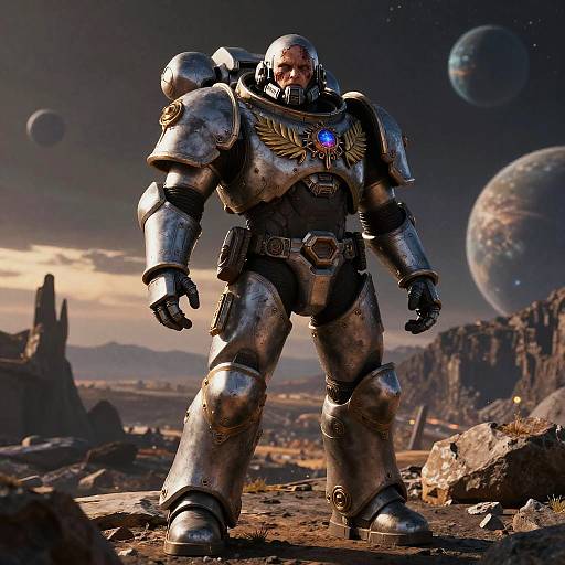 CGI image of a muscular, armored superhero with silver metallic suit, blue and red chest emblem, standing on rocky alien planet with three planets in the