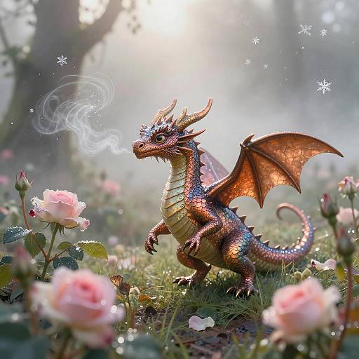 Iridescent Copper Dragon in Misty Rose Garden