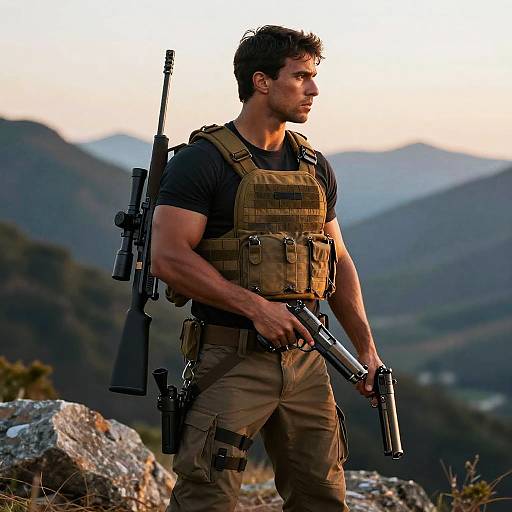 Photograph of a muscular man with short dark hair, wearing a tactical vest and olive pants, holding a rifle, standing on rocky terrain with mountainous