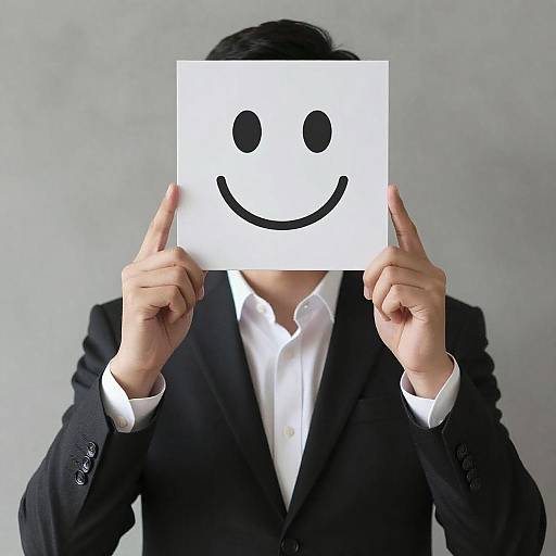 Man in Suit with Smiley Face Mask