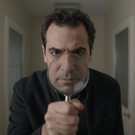 Intense Man with Magnifying Glass in Hallway