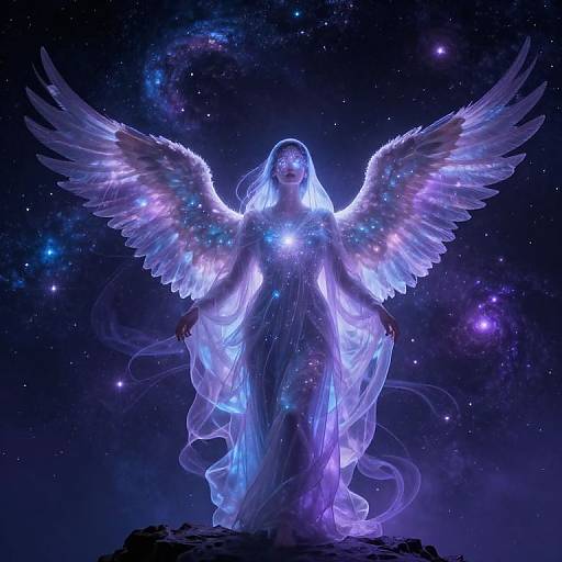 Digital art of a glowing, ethereal angel with large, luminous wings, wearing a flowing, translucent blue and purple gown, standing in a star