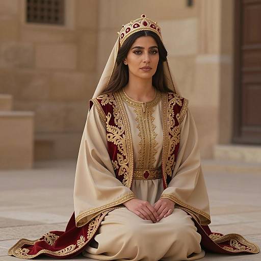 Middle Eastern Woman in Traditional Embroidered Robe and Crown