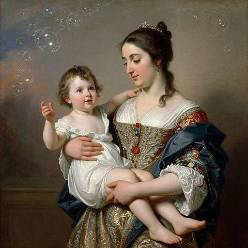 Baroque-style digital painting of a fair-skinned woman with dark hair, holding a chubby, fair-skinned baby in a white dress, surrounded by