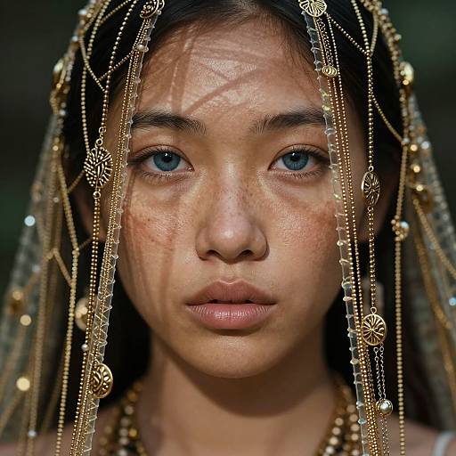 Photograph of a young Asian woman with blue eyes, wearing intricate gold head chains, displaying a serene yet intense expression.