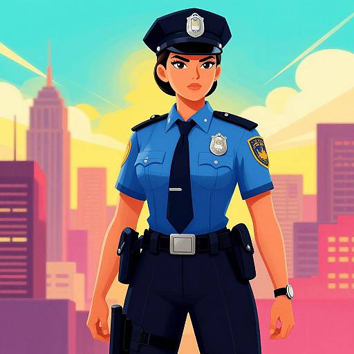 Digital illustration of a confident female police officer in a blue uniform and black hat, standing in front of a colorful, sunset-lit city skyline.