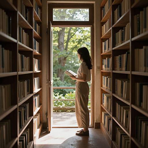 Photograph of a woman with long dark hair, white shirt, and beige pants, standing in a sunlit library doorway, reading a book, surrounded