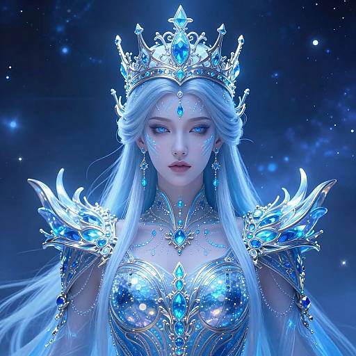 Digital artwork of a regal, ethereal queen with long white hair, blue eyes, and a glowing blue crown, adorned in intricate silver and blue